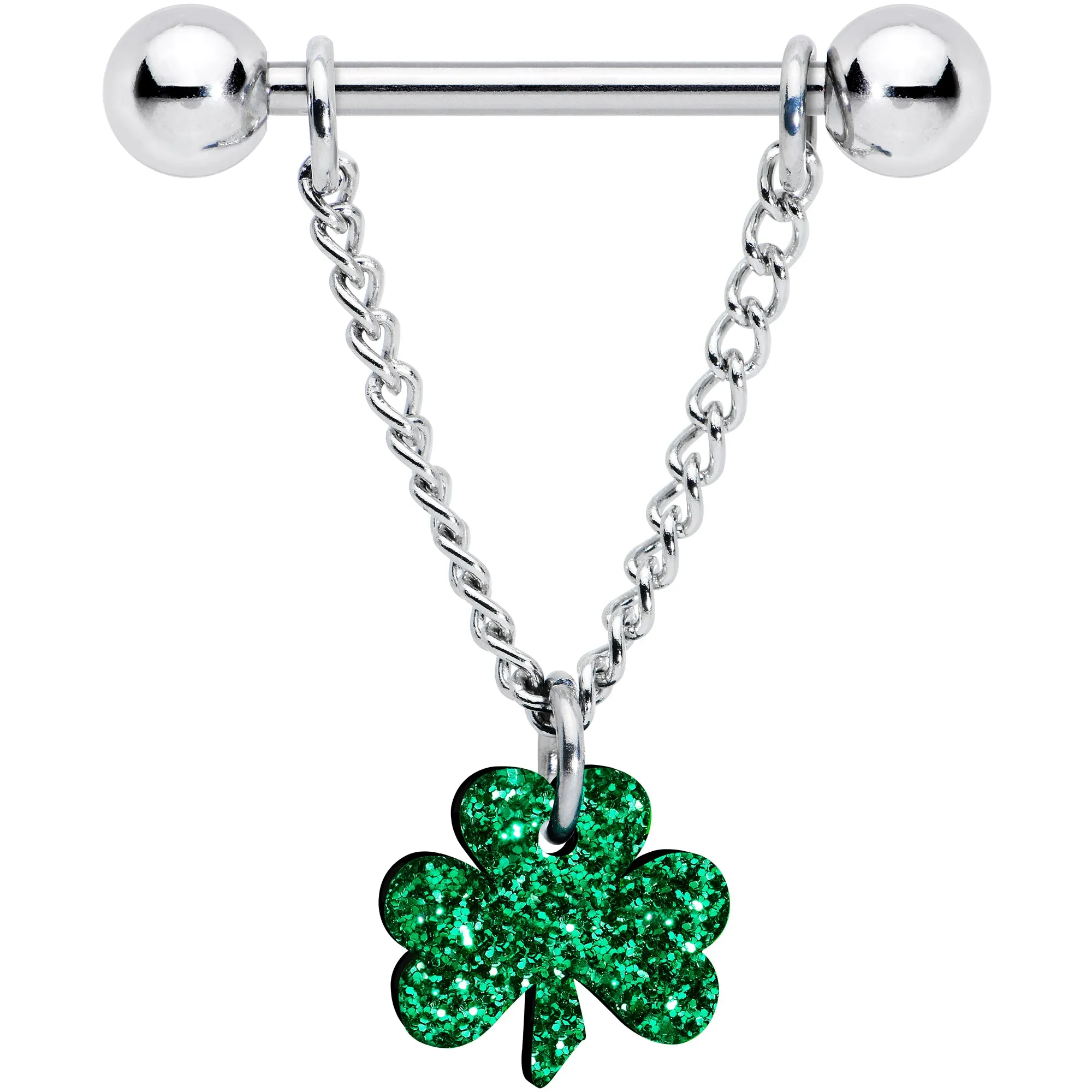 14 Gauge 5/8 Green Glitter Shamrock Chain Dangle Nipple Ring Set