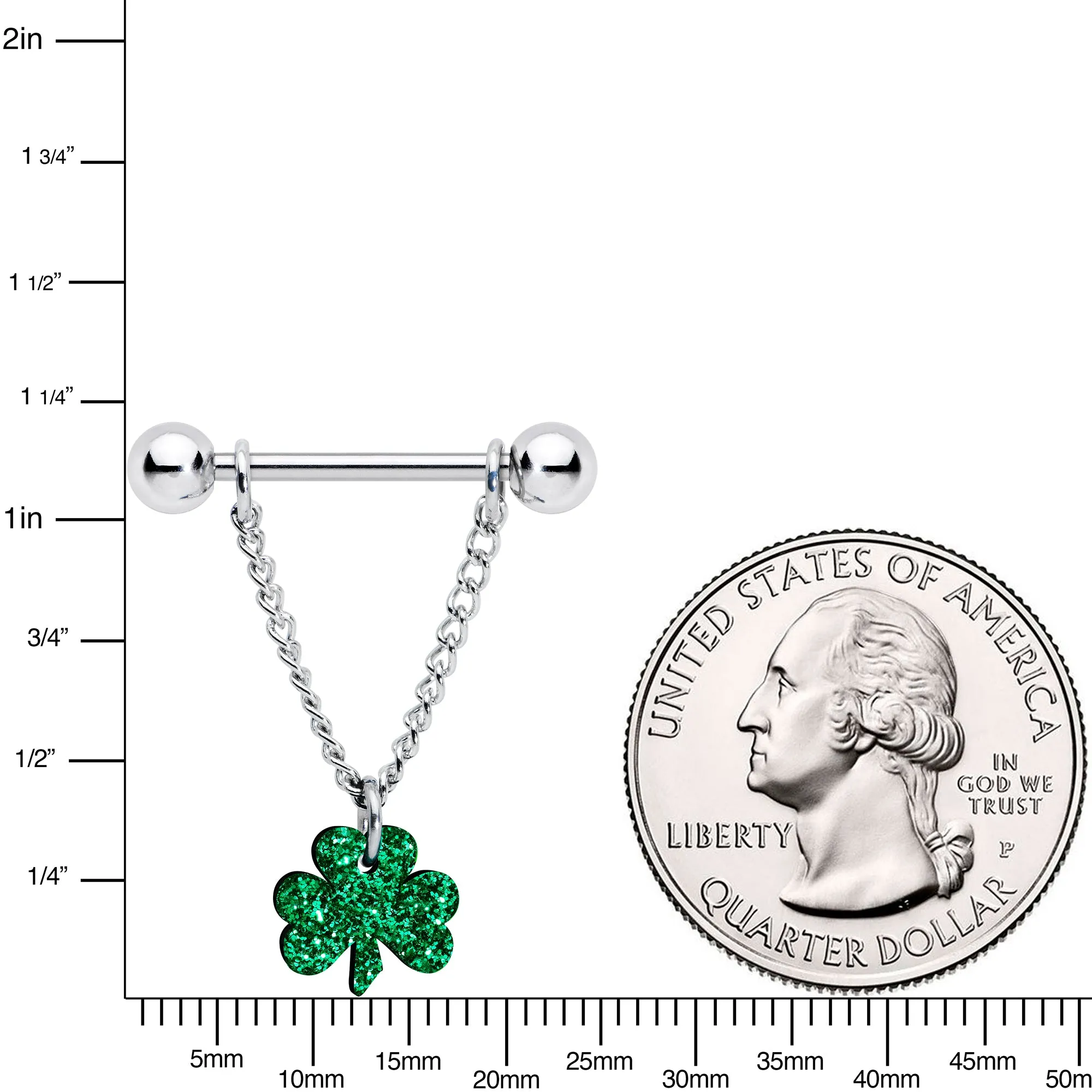 14 Gauge 5/8 Green Glitter Shamrock Chain Dangle Nipple Ring Set