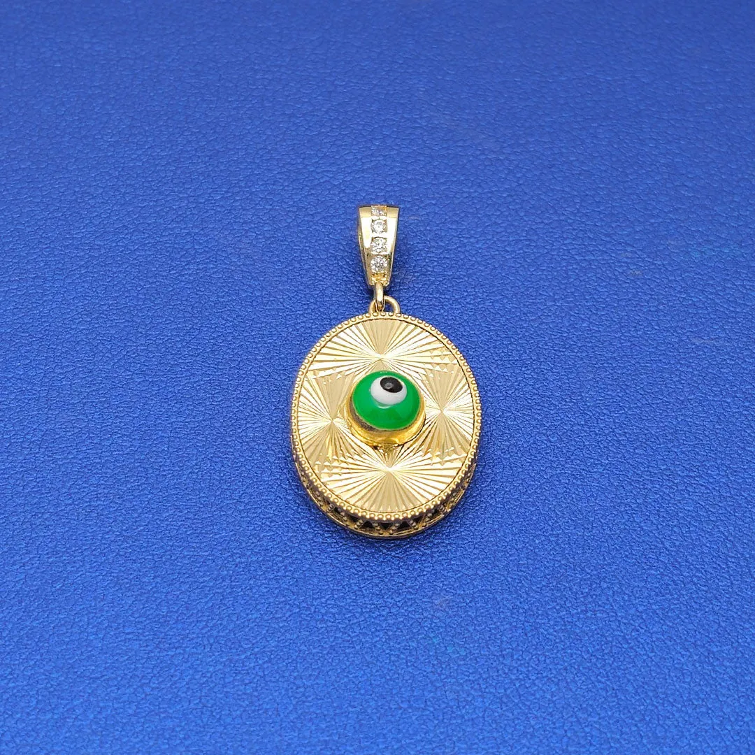14k CZ Fancy Laser Cut Oval Green Evil Eye Pendant