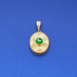 14k CZ Fancy Laser Cut Oval Green Evil Eye Pendant