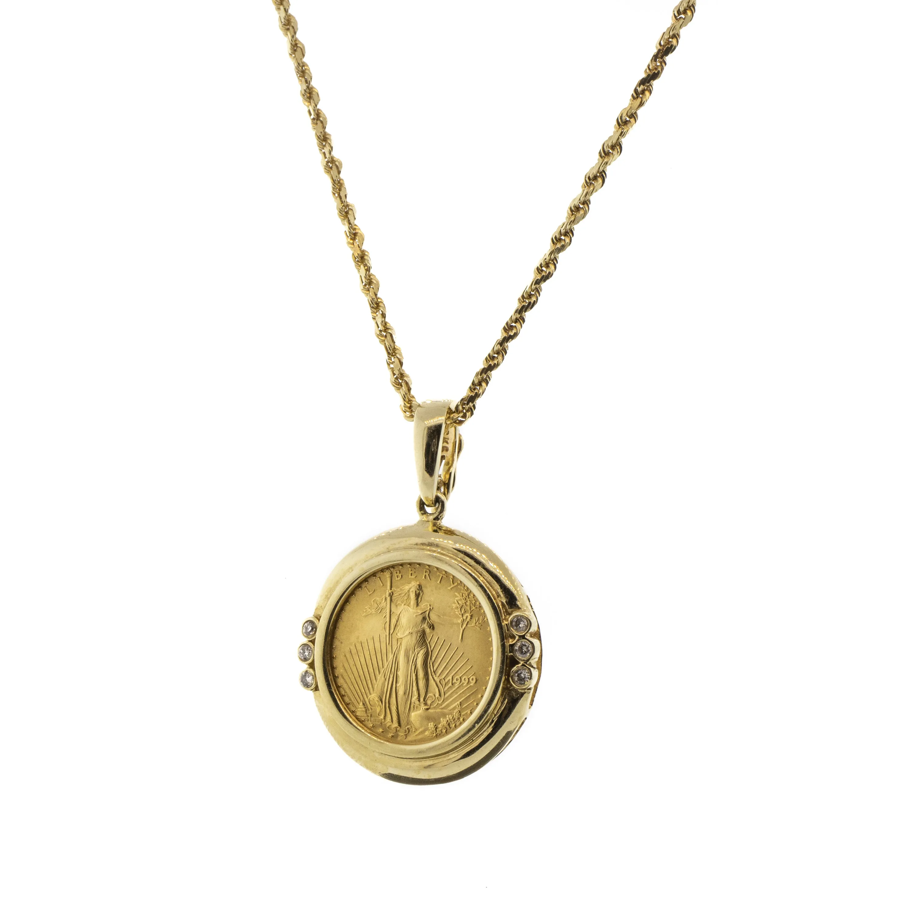 14K Solid Yellow Gold & Diamond $5 Liberty Enhancer Pendant