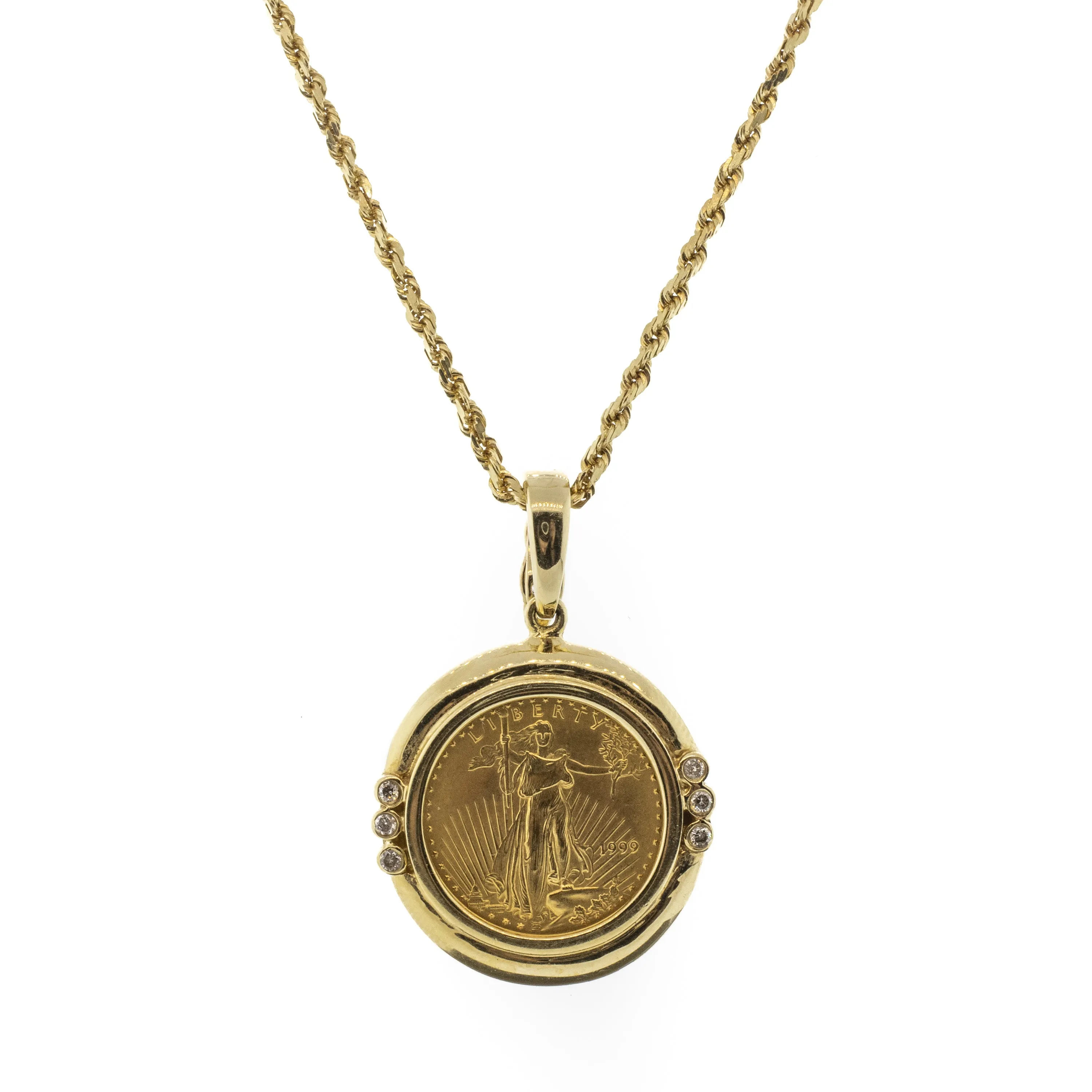 14K Solid Yellow Gold & Diamond $5 Liberty Enhancer Pendant