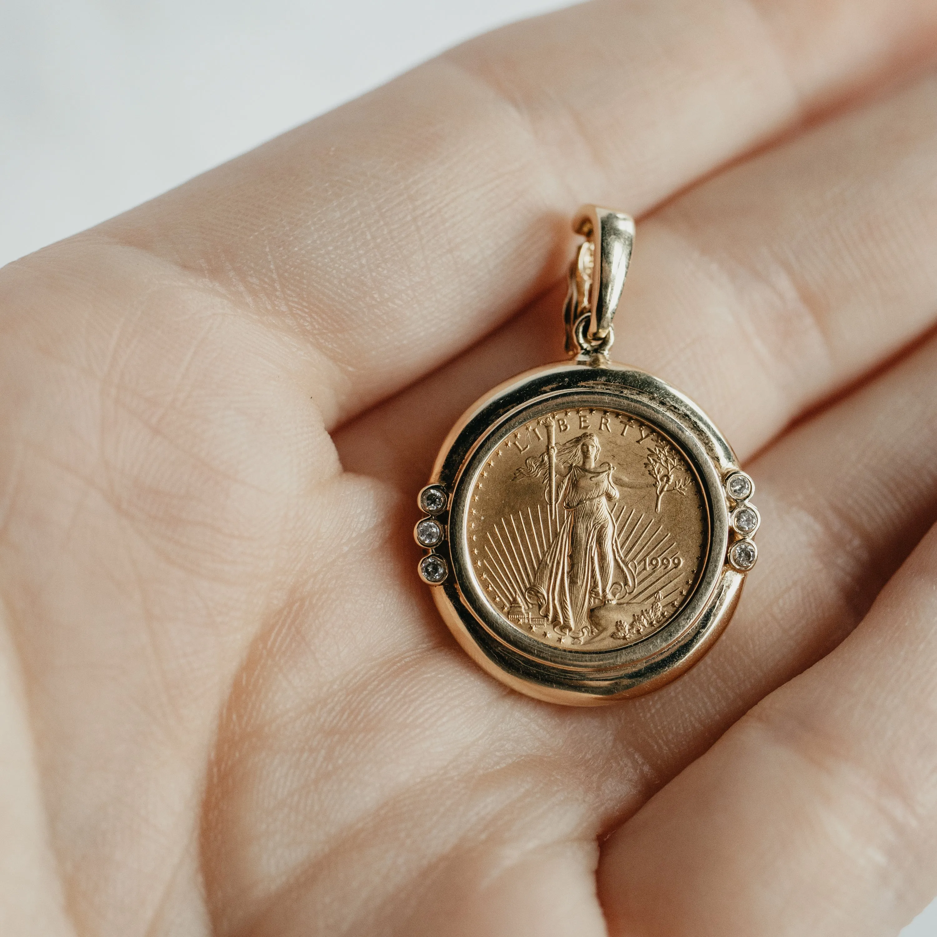 14K Solid Yellow Gold & Diamond $5 Liberty Enhancer Pendant