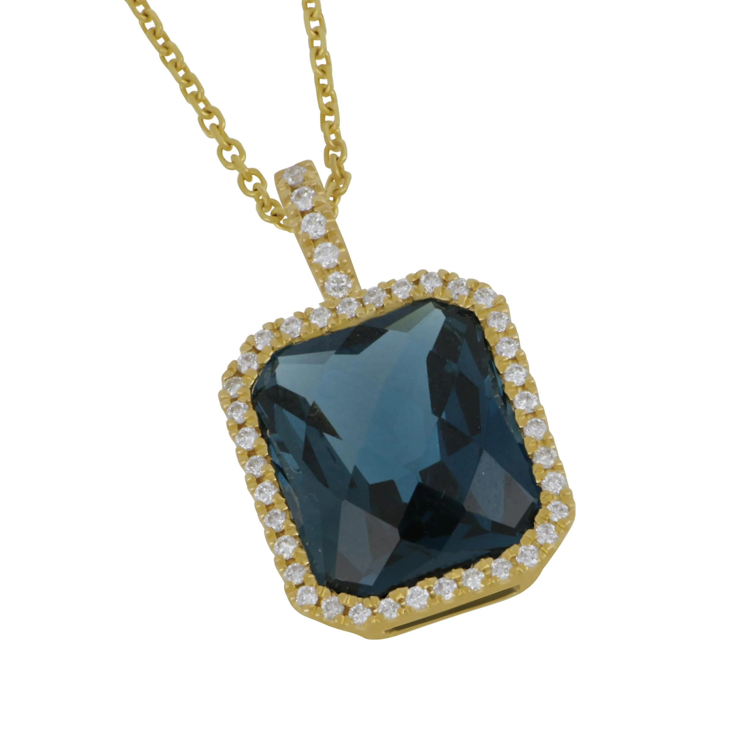 14k Yellow Gold Radiant Halo London Blue Topaz and Diamond Pendant 16", LBT=6.80ct D=0.19tw GH/SI Supports Captain's for Clean Water