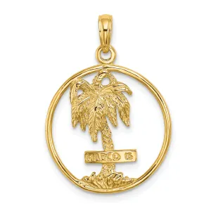 14K Yellow Gold Textured Polished Finish MARCO ISLAND Banner Sign on Palm Tree in Circle Design Charm Pendant