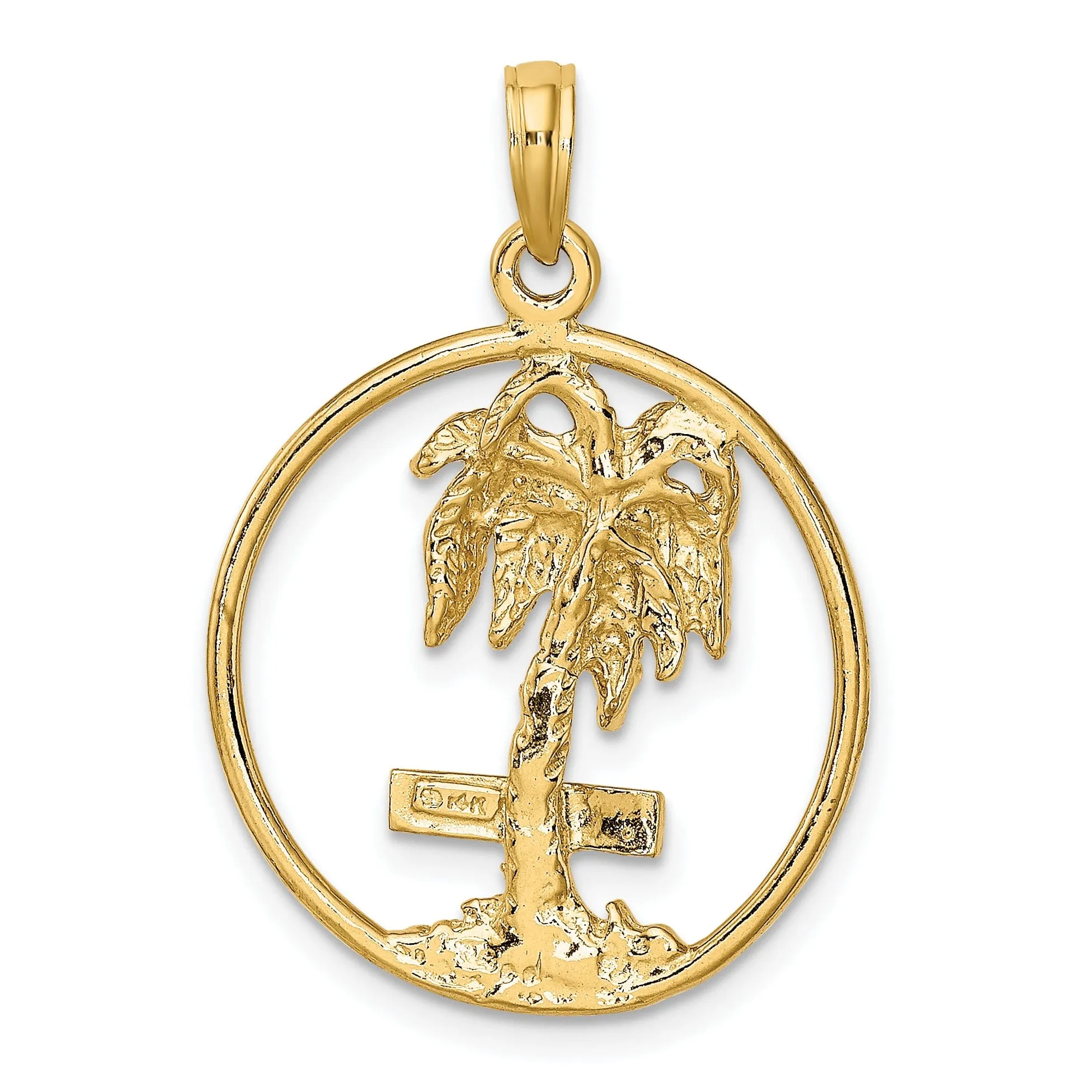 14K Yellow Gold Textured Polished Finish MARCO ISLAND Banner Sign on Palm Tree in Circle Design Charm Pendant