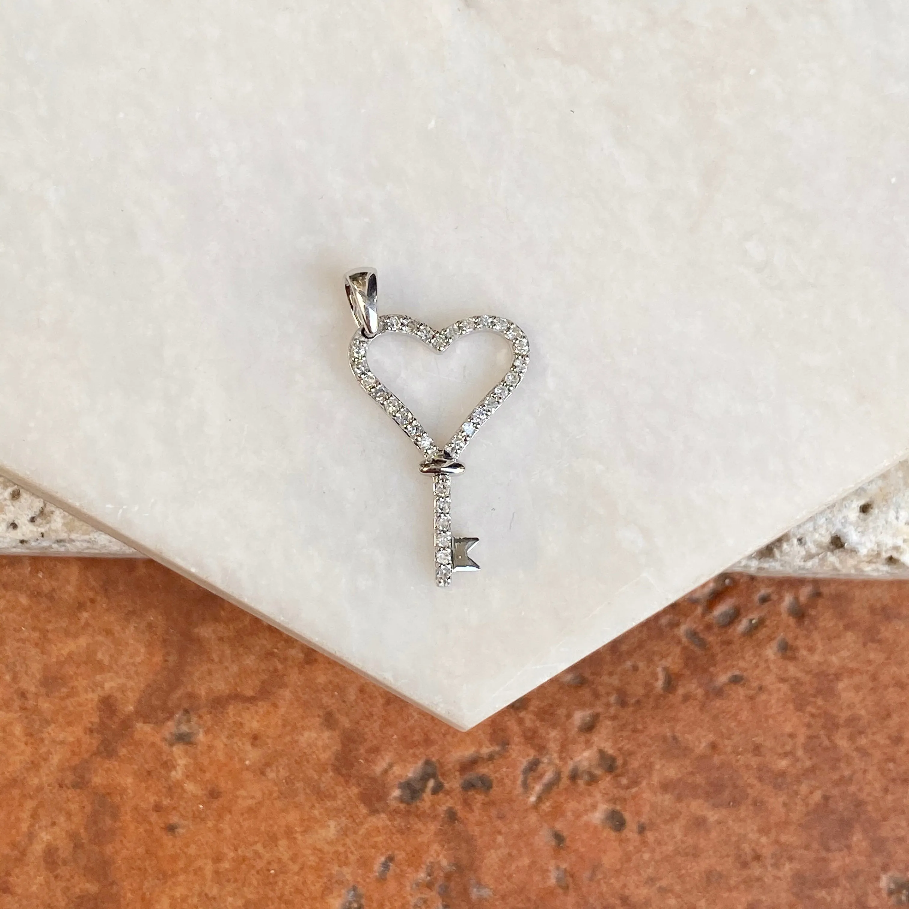 14KT White Gold 1/8 CT Pave Diamond Key To My Heart Pendant Charm