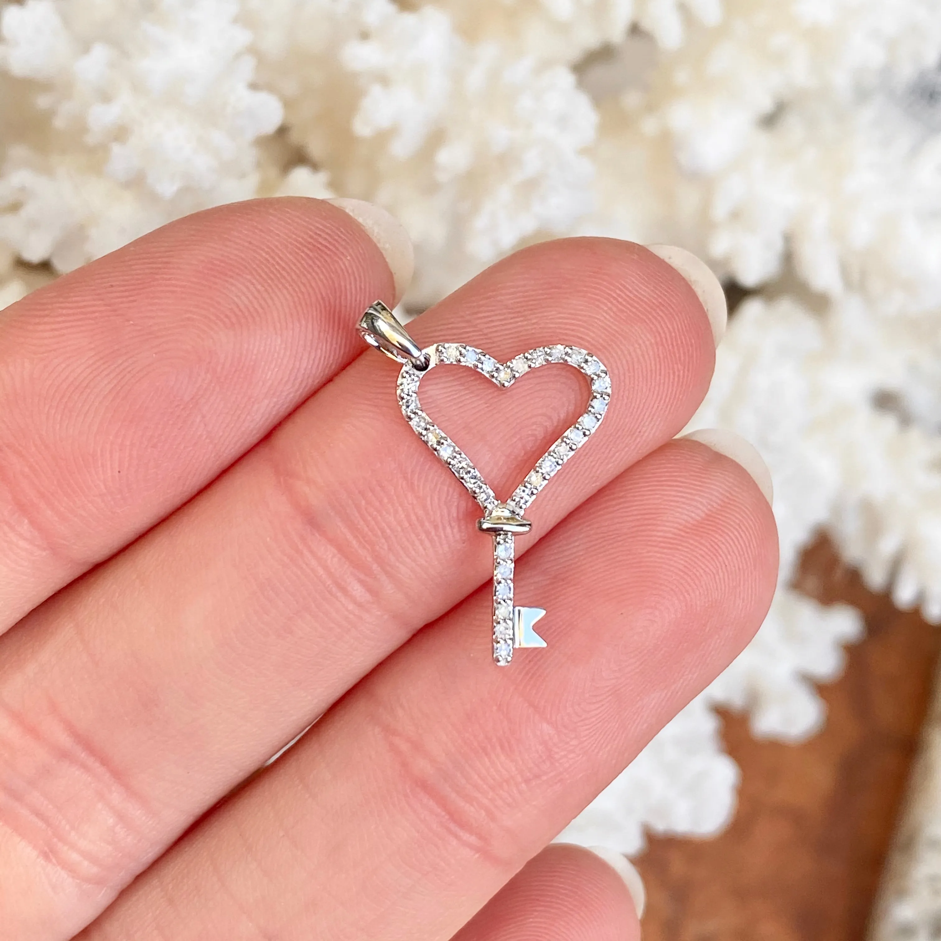 14KT White Gold 1/8 CT Pave Diamond Key To My Heart Pendant Charm