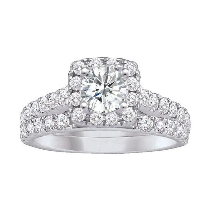 1.50TDW Diamond 14K White Gold Three Piece Halo Bridal Set