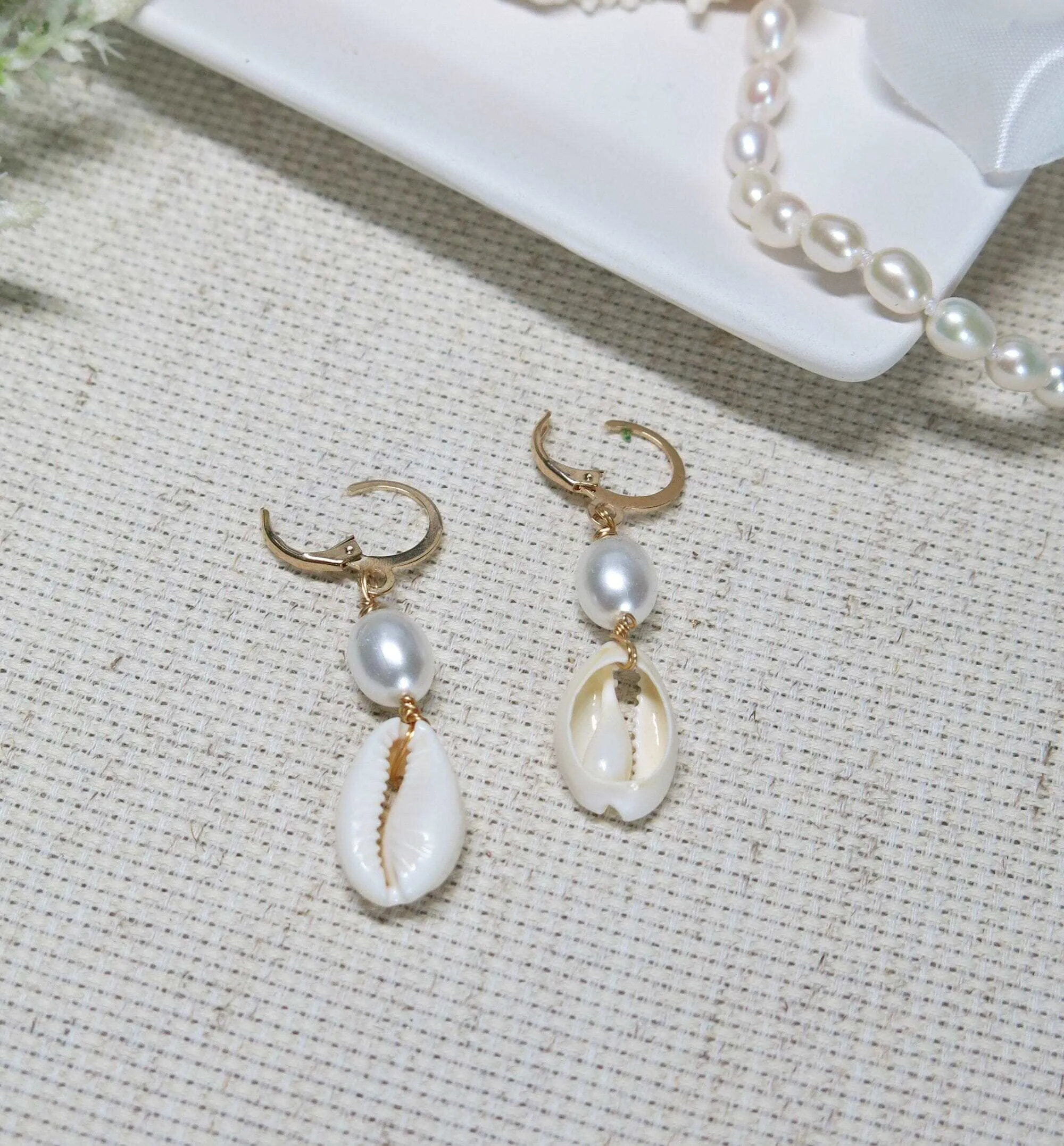 African Cowrie Seashell Dangle Lever Back Earrings, White Pearl Wedding Shell Dangle Earrings