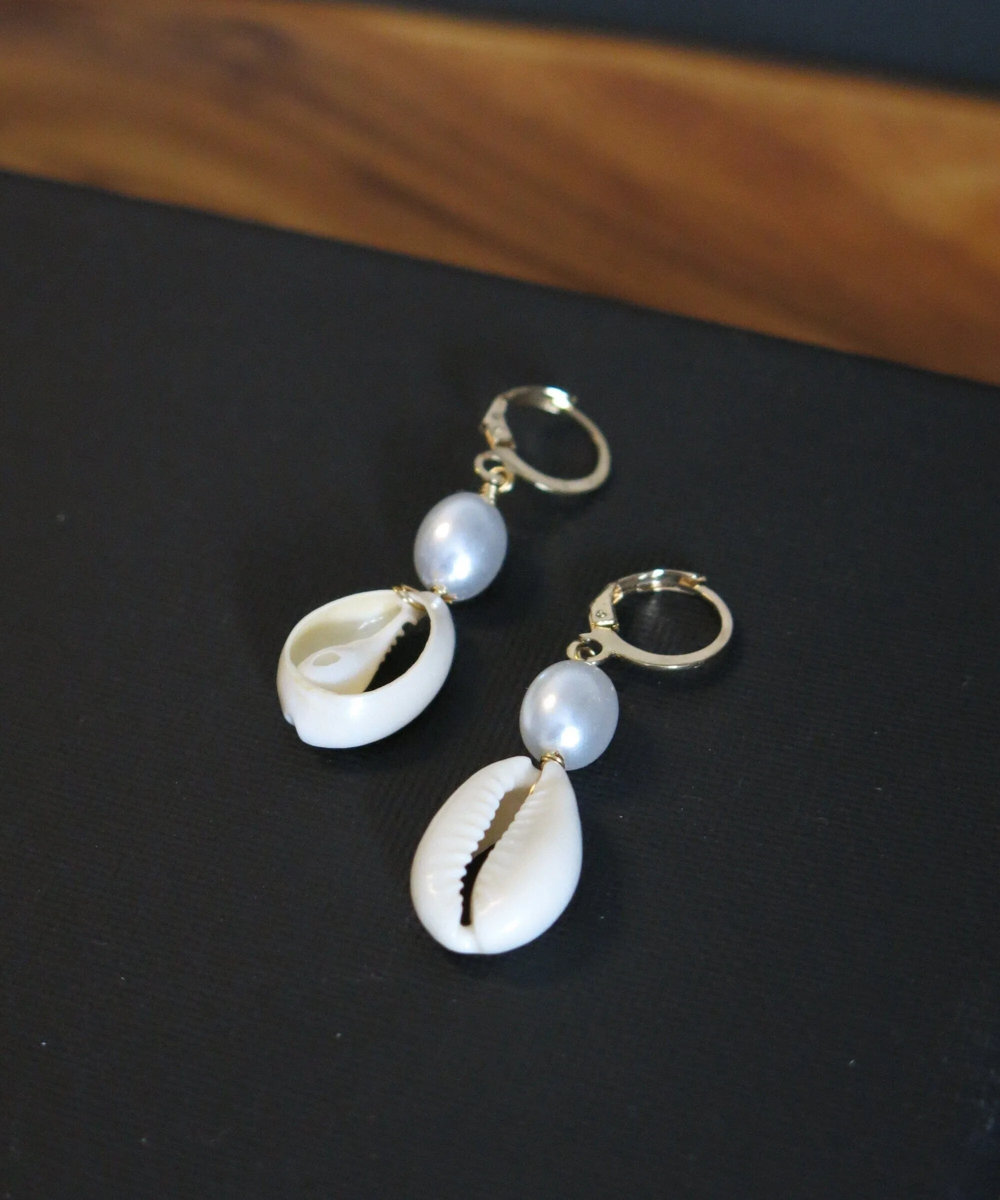 African Cowrie Seashell Dangle Lever Back Earrings, White Pearl Wedding Shell Dangle Earrings
