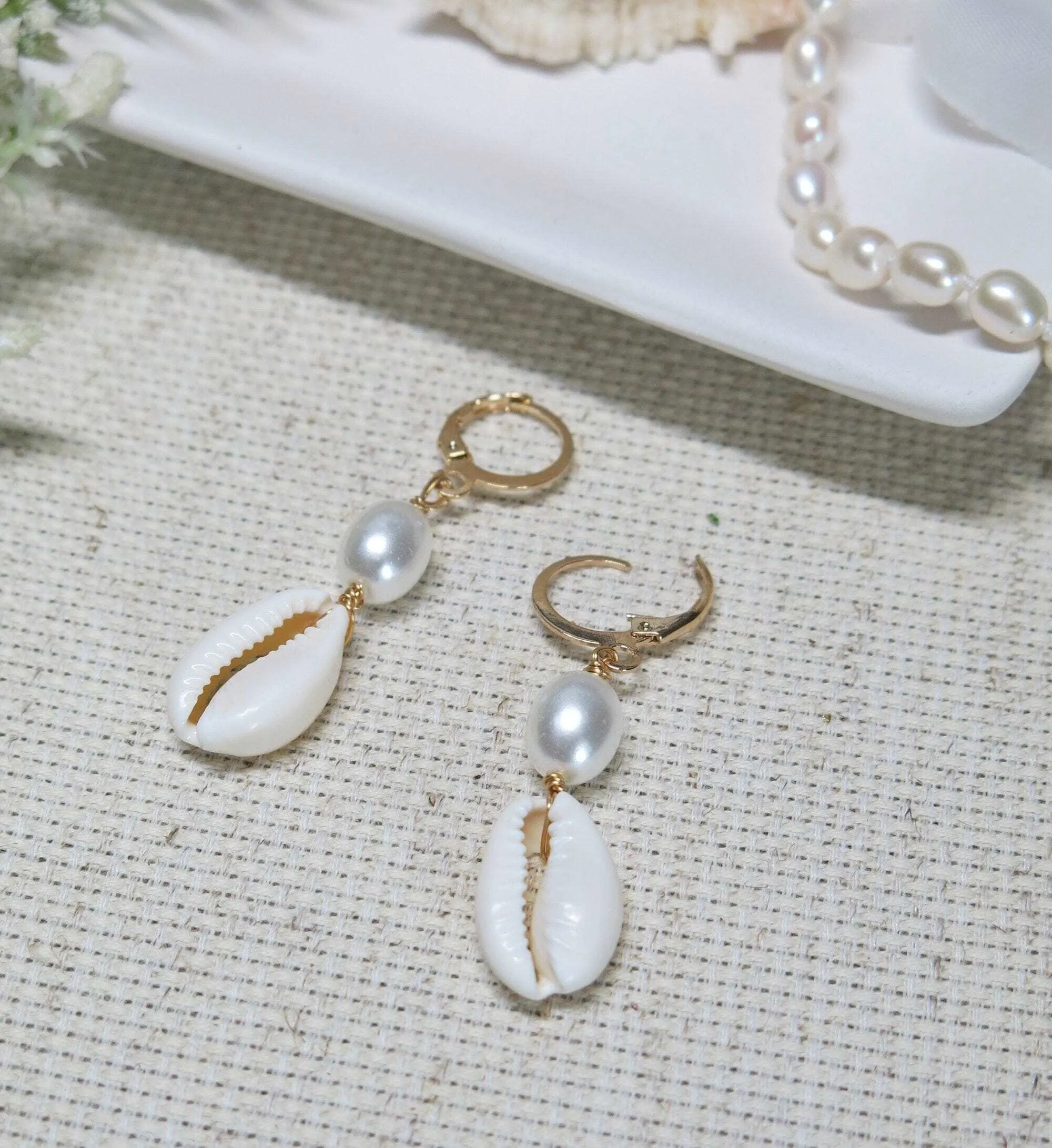 African Cowrie Seashell Dangle Lever Back Earrings, White Pearl Wedding Shell Dangle Earrings