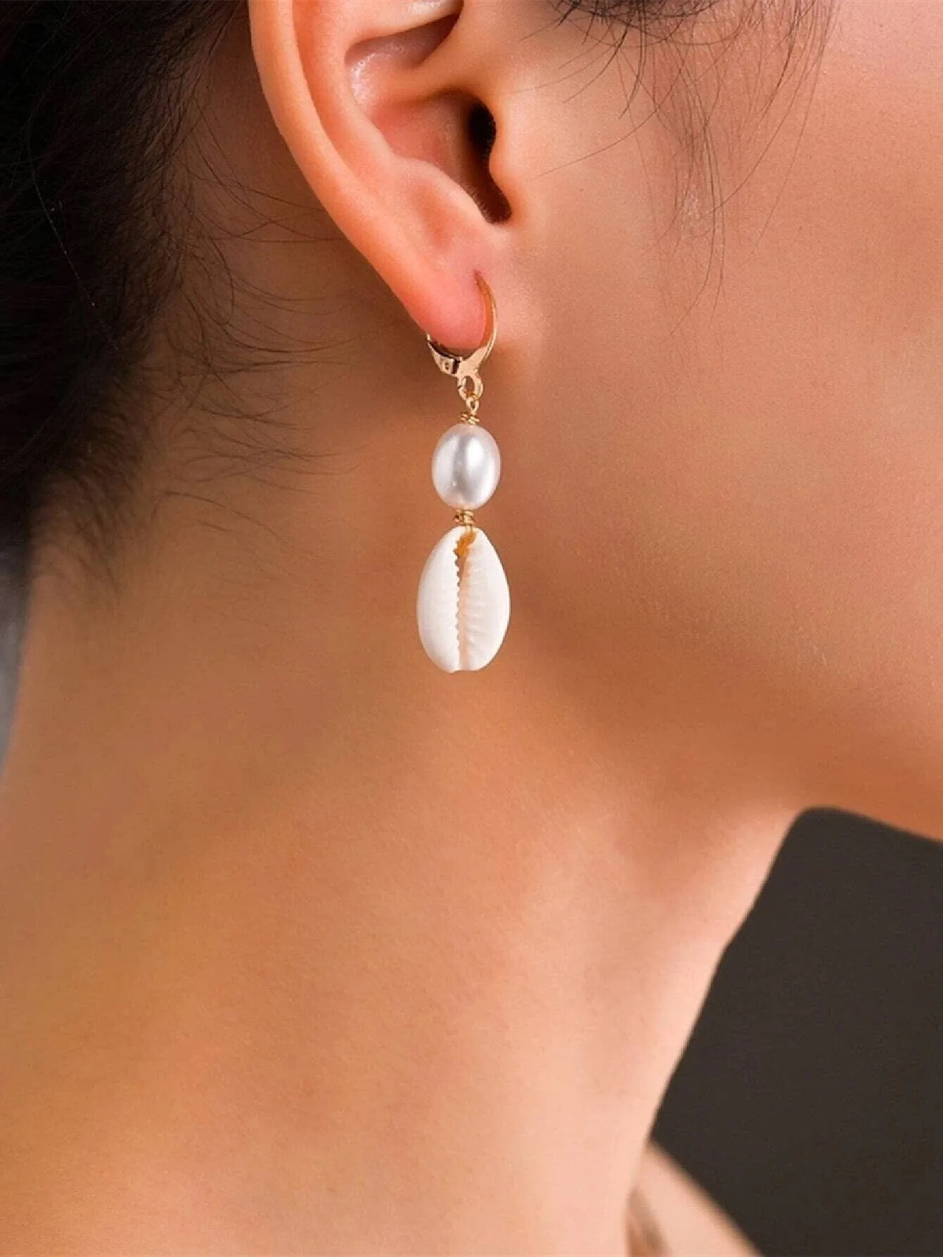 African Cowrie Seashell Dangle Lever Back Earrings, White Pearl Wedding Shell Dangle Earrings