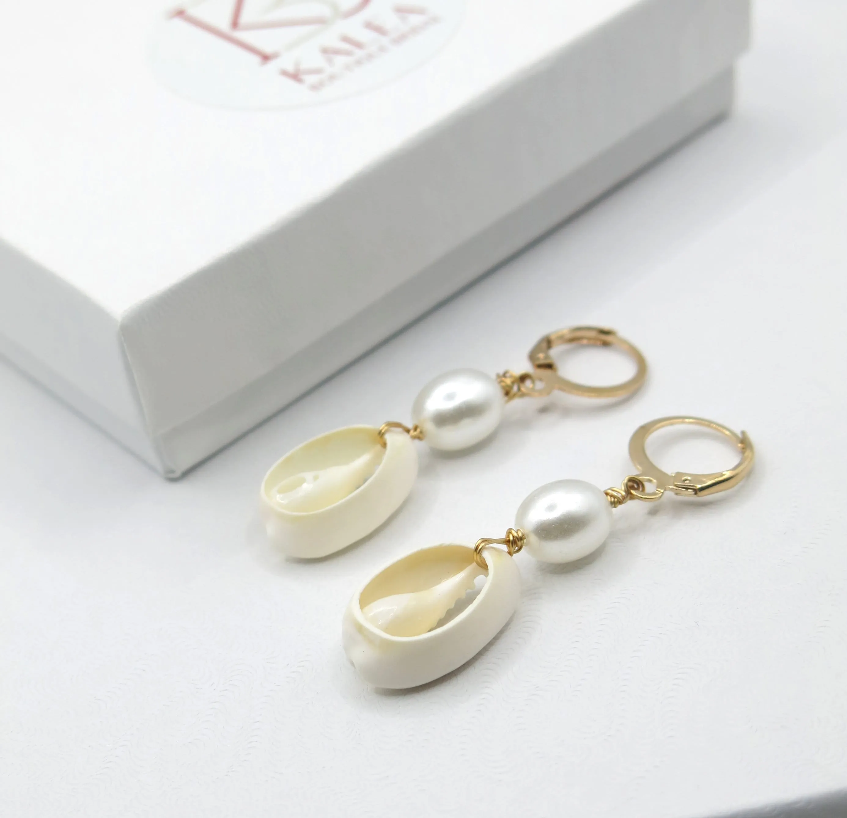 African Cowrie Seashell Dangle Lever Back Earrings, White Pearl Wedding Shell Dangle Earrings