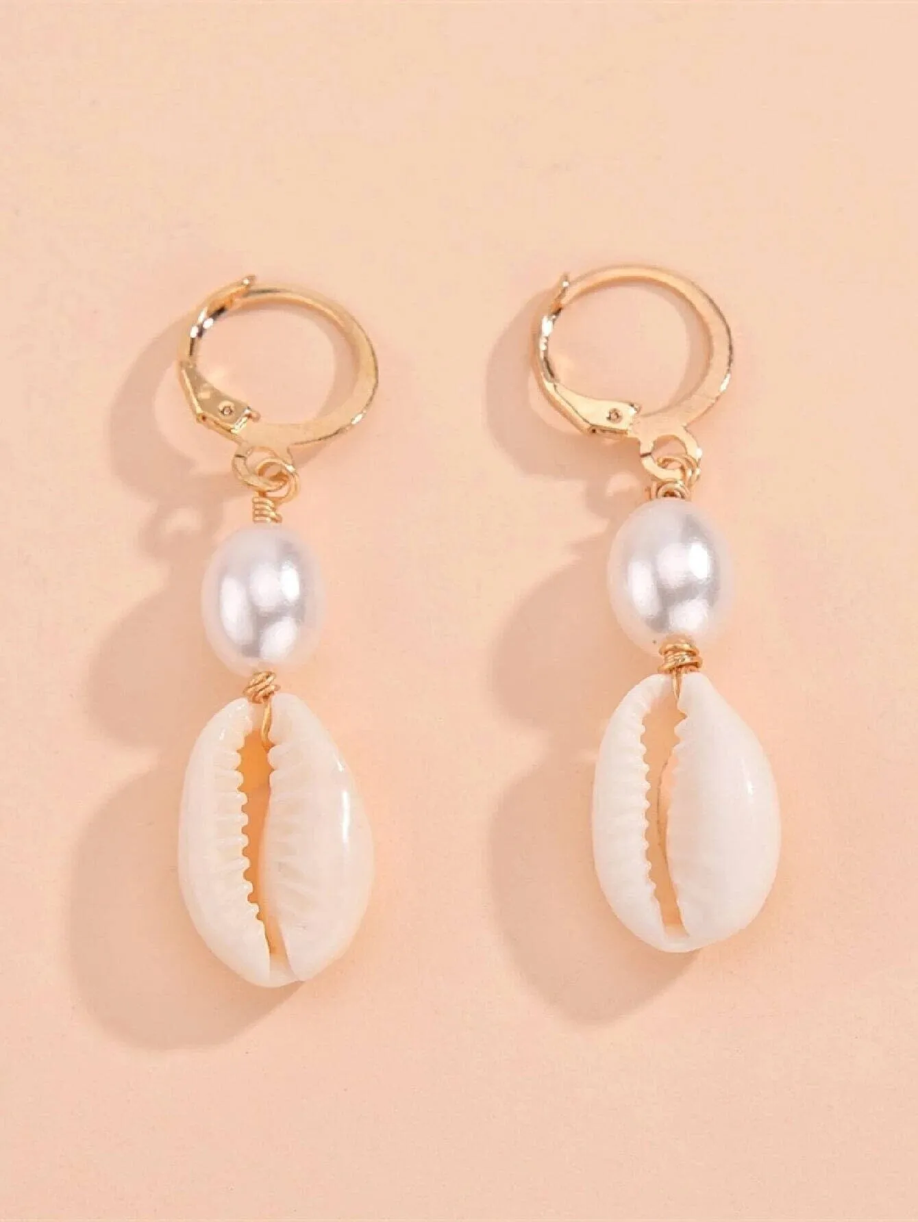 African Cowrie Seashell Dangle Lever Back Earrings, White Pearl Wedding Shell Dangle Earrings