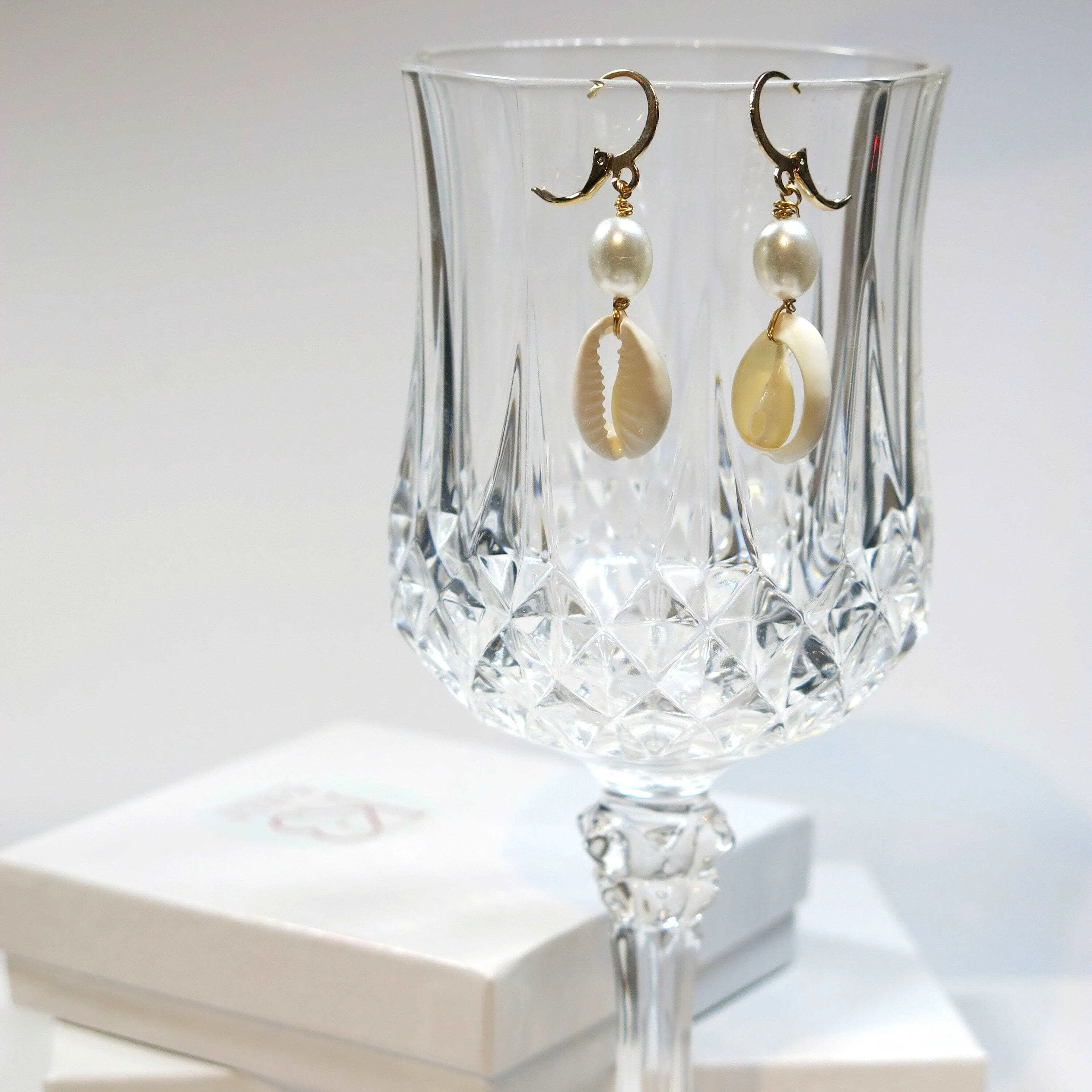 African Cowrie Seashell Dangle Lever Back Earrings, White Pearl Wedding Shell Dangle Earrings