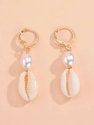 African Cowrie Seashell Dangle Lever Back Earrings, White Pearl Wedding Shell Dangle Earrings