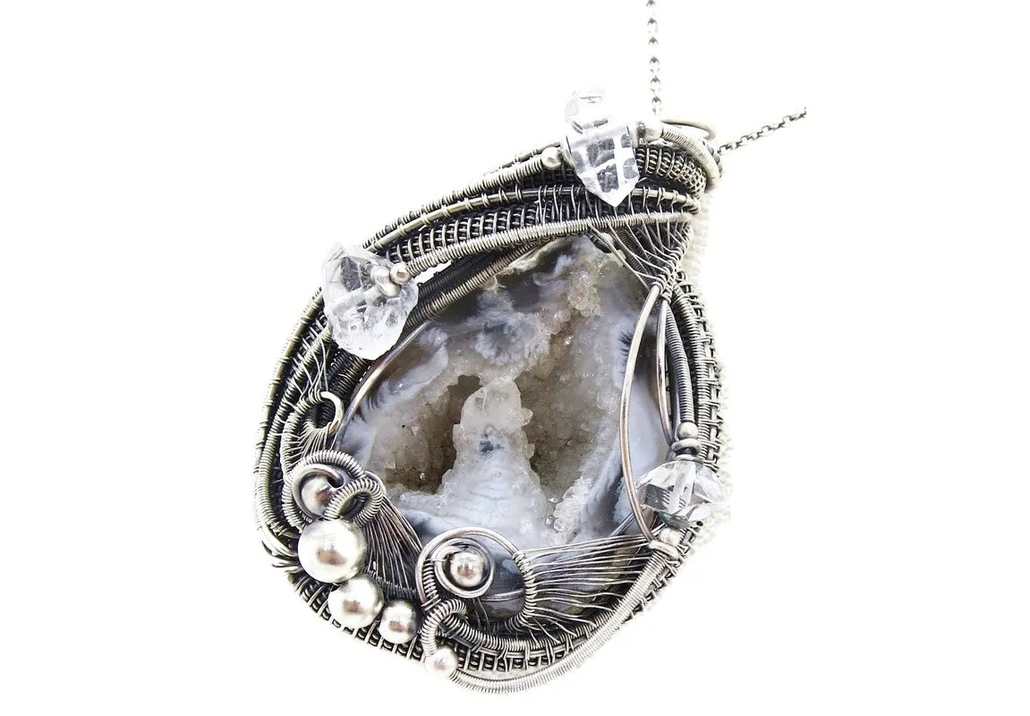 Agate Double-Geode Pendant with Herkimer Diamonds in Sterling Silver