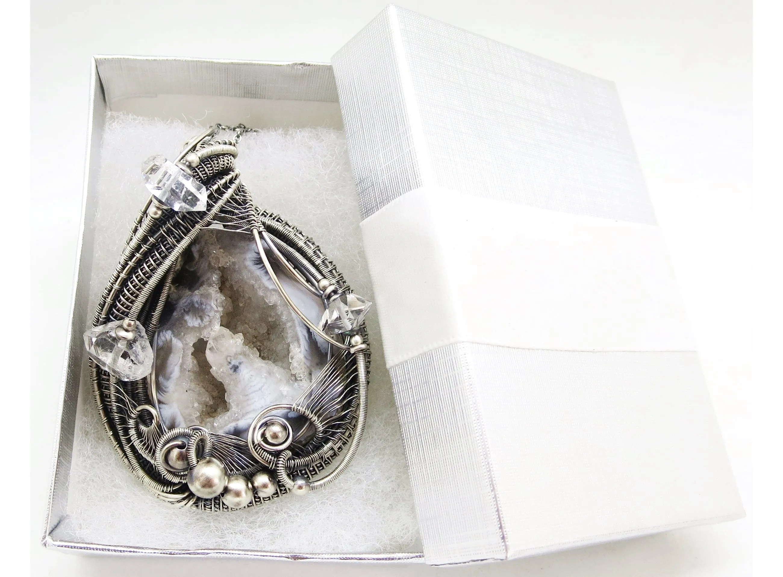 Agate Double-Geode Pendant with Herkimer Diamonds in Sterling Silver