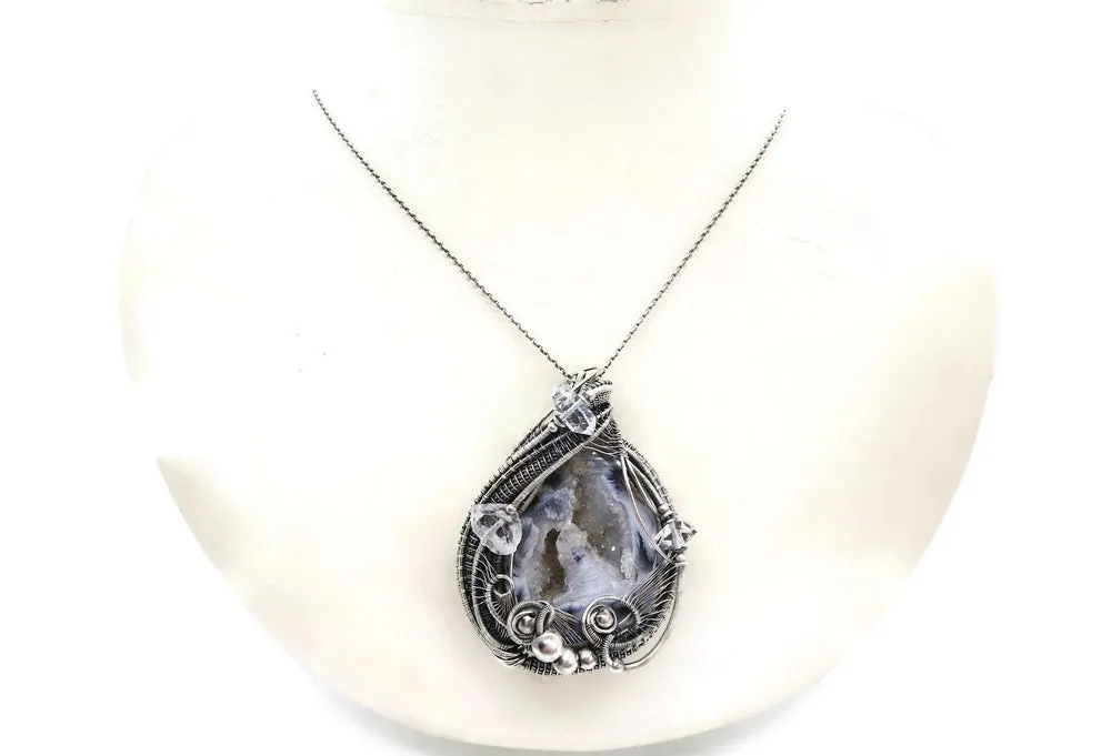 Agate Double-Geode Pendant with Herkimer Diamonds in Sterling Silver