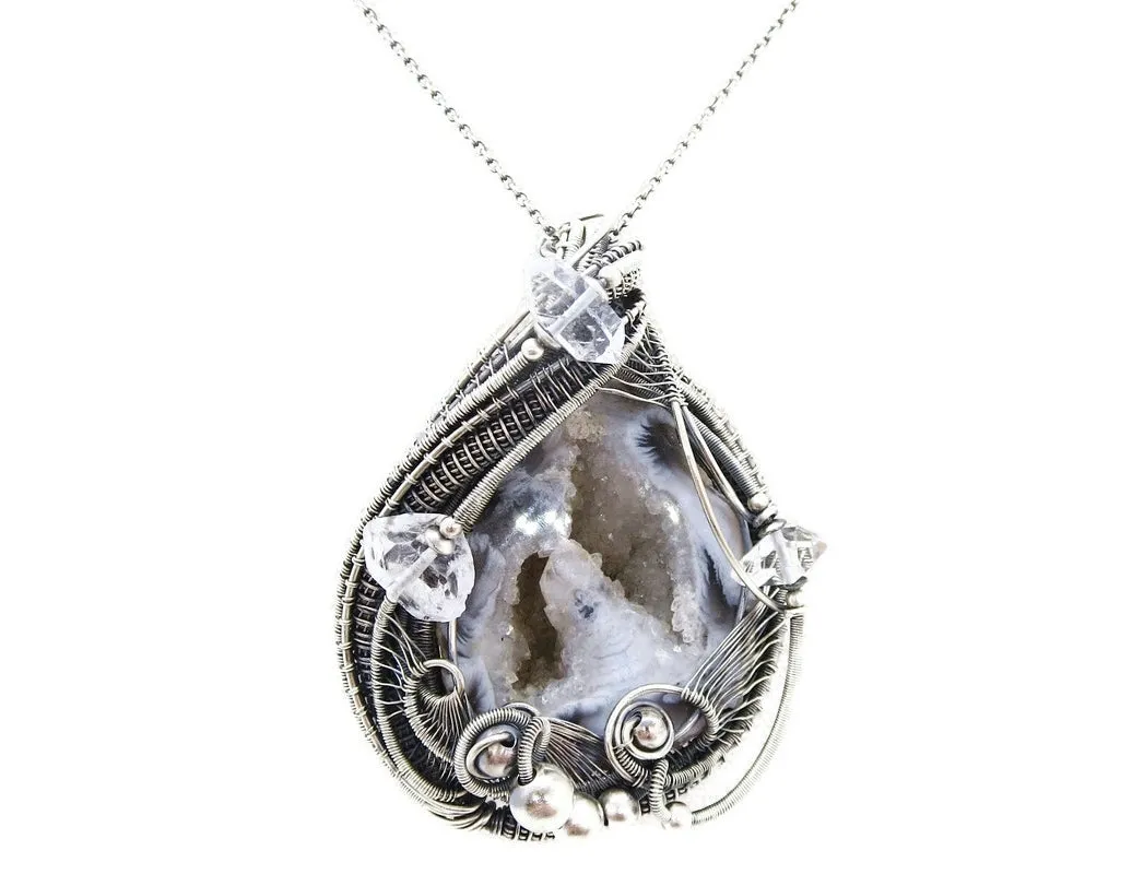 Agate Double-Geode Pendant with Herkimer Diamonds in Sterling Silver