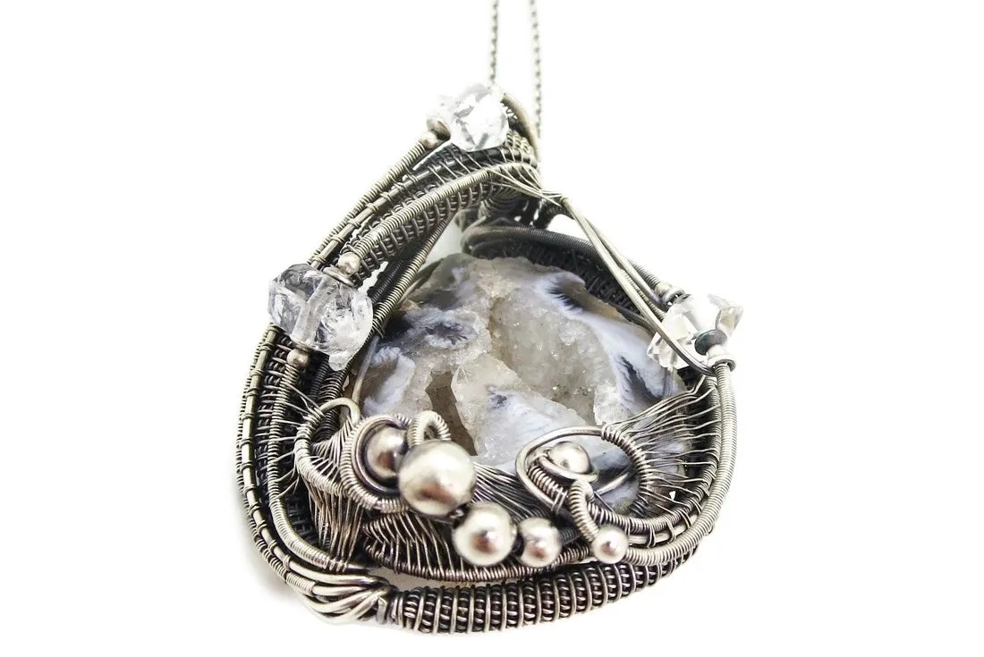 Agate Double-Geode Pendant with Herkimer Diamonds in Sterling Silver