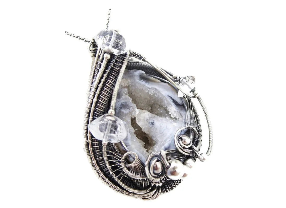Agate Double-Geode Pendant with Herkimer Diamonds in Sterling Silver