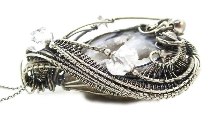 Agate Double-Geode Pendant with Herkimer Diamonds in Sterling Silver