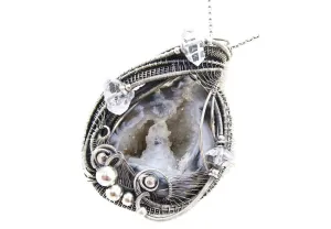 Agate Double-Geode Pendant with Herkimer Diamonds in Sterling Silver