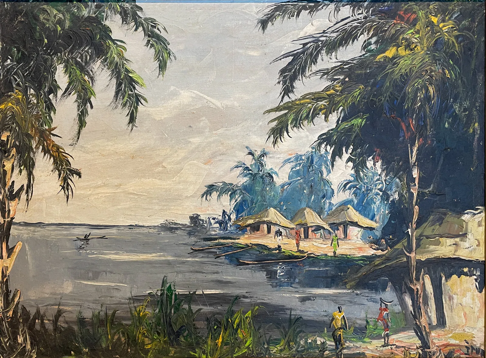 Antique Framed Painting of French Polynesian Island Scene found in France | 33 x 26