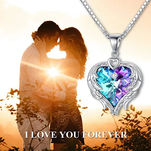 AOBOCO 925 Sterling Silver Angel Wings Heart Pendant Necklace with Swarovski Crystal, Romantic Anniversary Jewelry for Women Wife Her