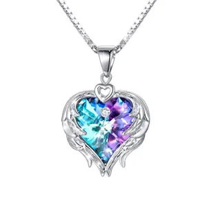 AOBOCO 925 Sterling Silver Angel Wings Heart Pendant Necklace with Swarovski Crystal, Romantic Anniversary Jewelry for Women Wife Her