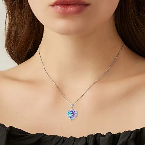 AOBOCO 925 Sterling Silver Angel Wings Heart Pendant Necklace with Swarovski Crystal, Romantic Anniversary Jewelry for Women Wife Her