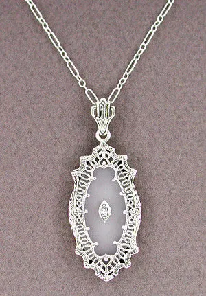 Art Deco Filigree Crystal and Diamond Set Pendant Necklace in Sterling Silver