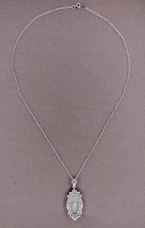 Art Deco Filigree Crystal and Diamond Set Pendant Necklace in Sterling Silver