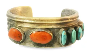 Beautiful Navajo Sterling Silver Hand Carved Turquoise Coral Bangle Bracelet