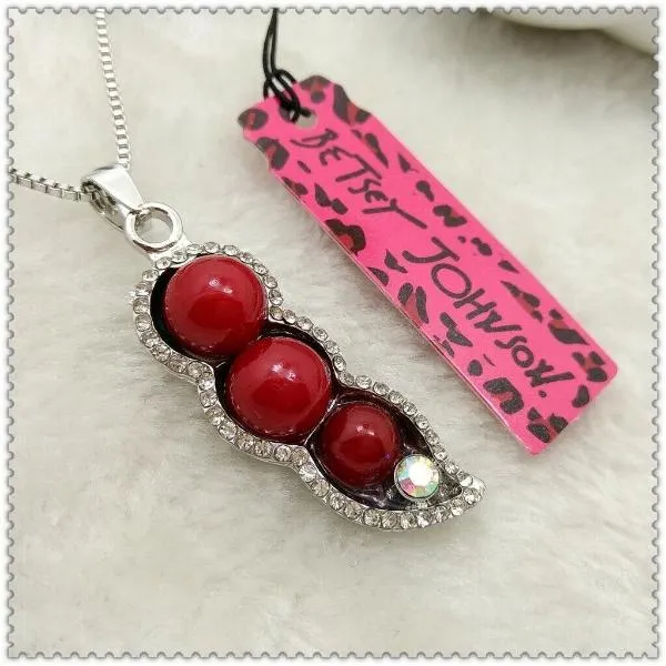 Betsey Johnson Red Peas In A Pod Rhinestone Pendant Necklace