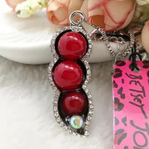 Betsey Johnson Red Peas In A Pod Rhinestone Pendant Necklace