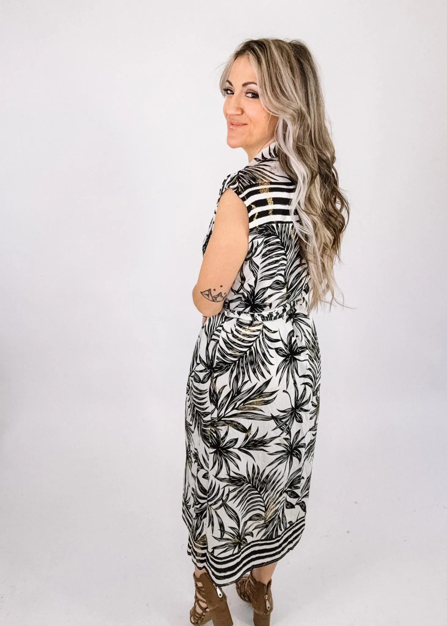 Black Tropical Leaf Sleeveless Dress