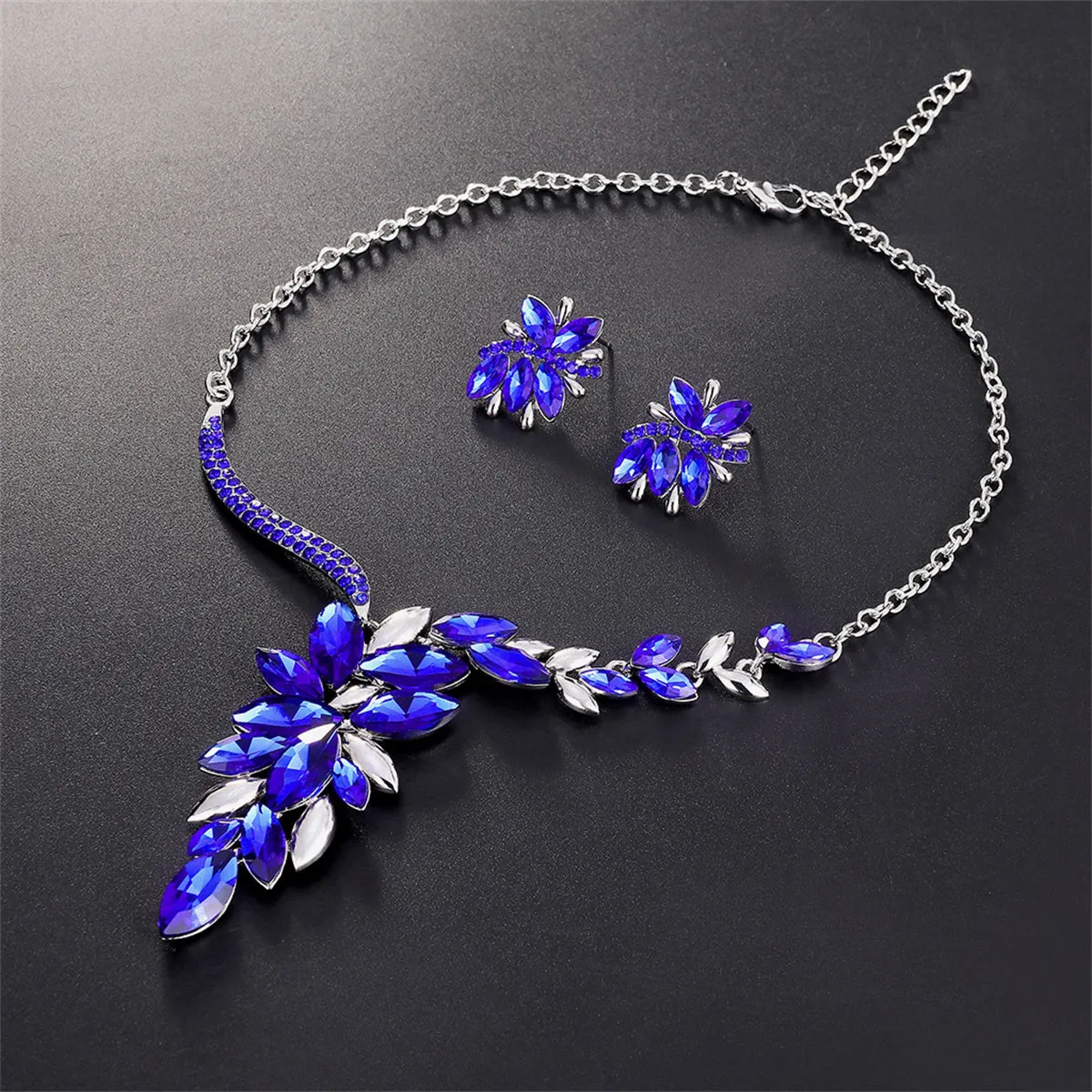 Blue Crystal & Cubic Zirconia Cluster Necklace & Drop Earrings
