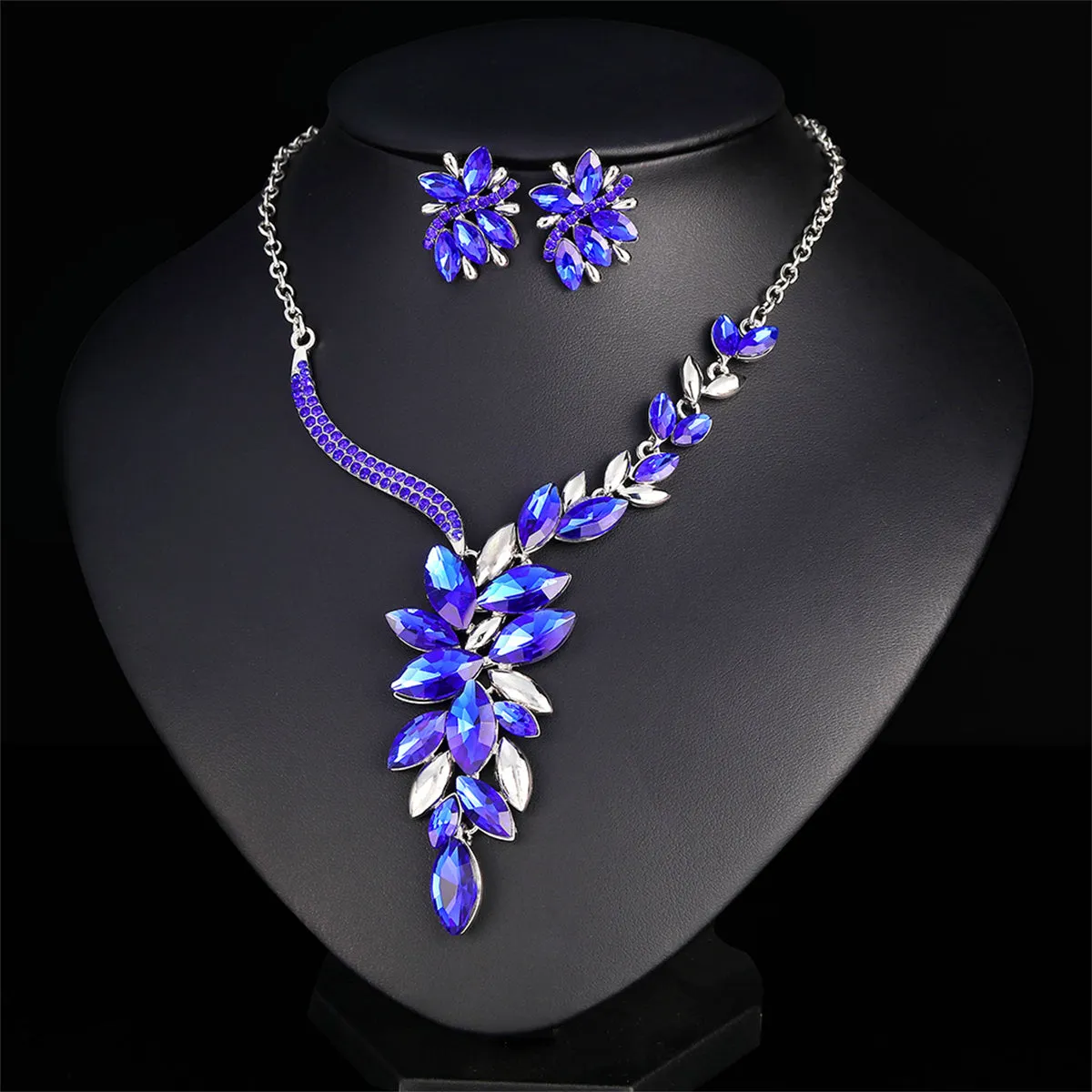 Blue Crystal & Cubic Zirconia Cluster Necklace & Drop Earrings