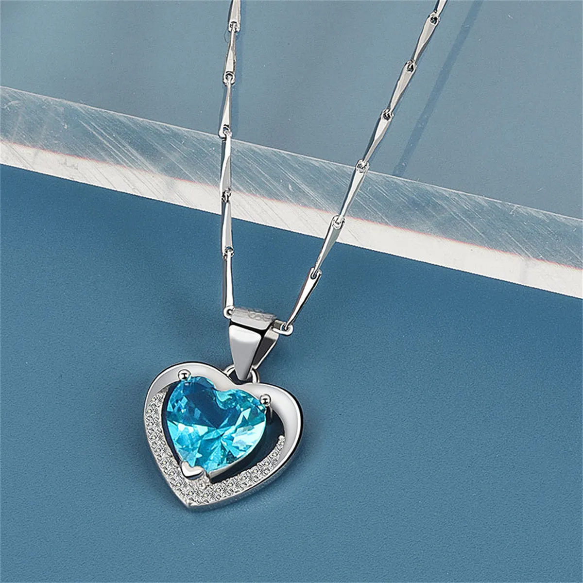 Blue Crystal & Cubic Zirconia Heart Pendant Necklace
