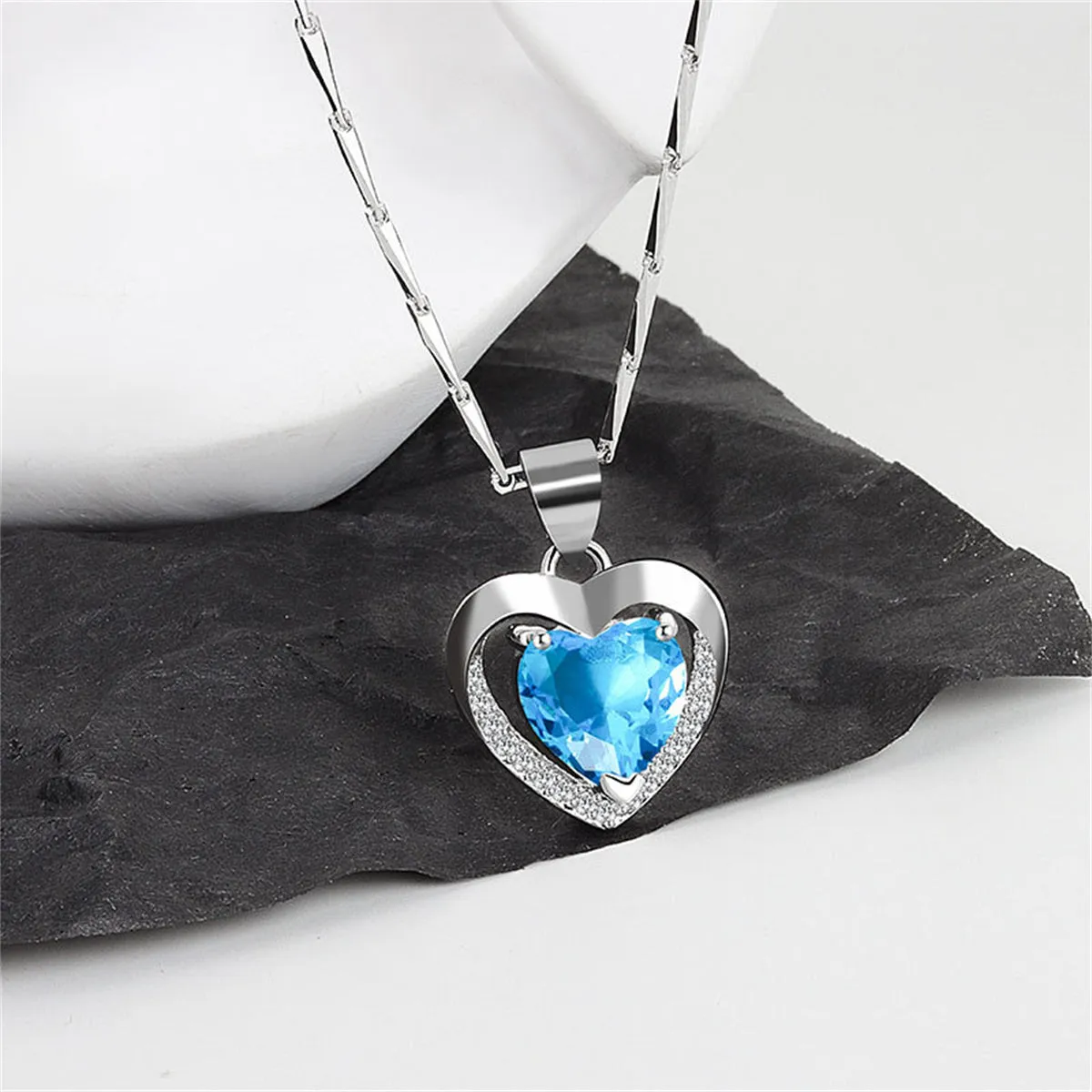 Blue Crystal & Cubic Zirconia Heart Pendant Necklace