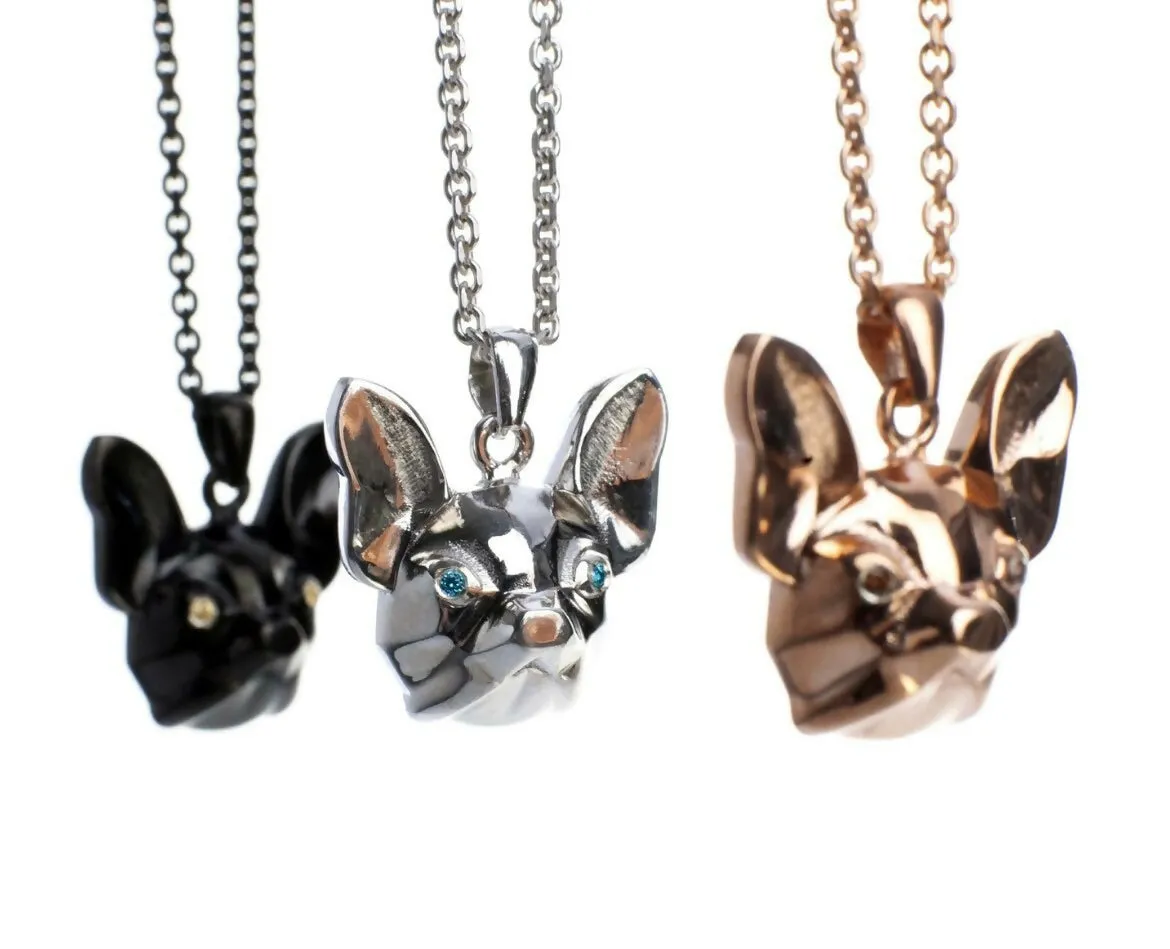 Bulldog 3D Pendant / Necklace in Sterling Silver with Gemstones / VYVYD Collection
