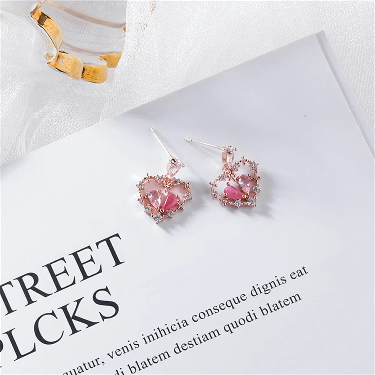 Cat's Eye & Crystal Cubic Zirconia Heart Drop Earrings