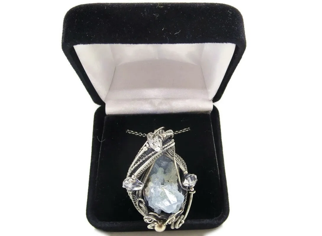 Celestite Druzy and Herkimer Diamond Pendant, Wire-Wrapped in Sterling Silver