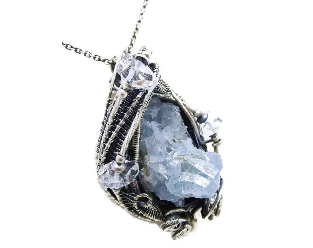 Celestite Druzy and Herkimer Diamond Pendant, Wire-Wrapped in Sterling Silver