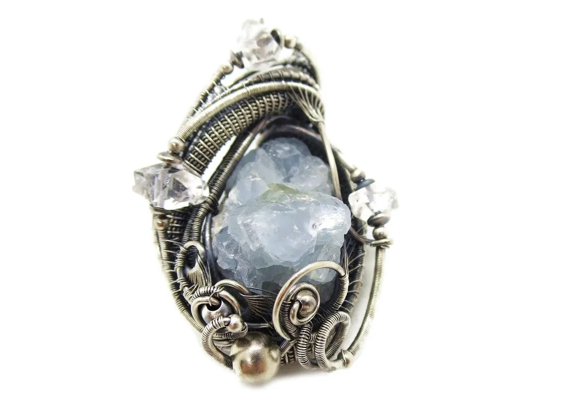 Celestite Druzy and Herkimer Diamond Pendant, Wire-Wrapped in Sterling Silver
