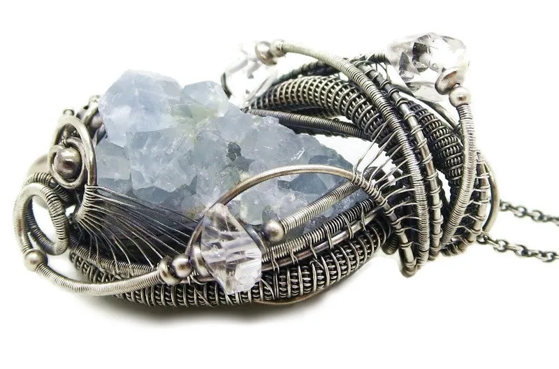Celestite Druzy and Herkimer Diamond Pendant, Wire-Wrapped in Sterling Silver