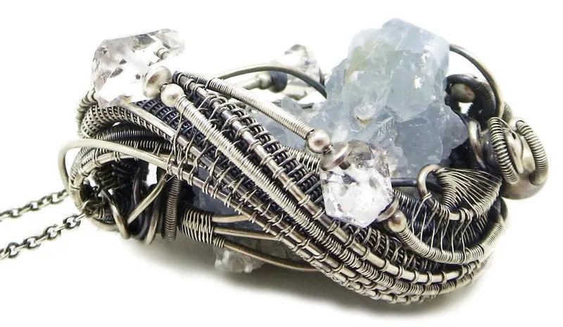 Celestite Druzy and Herkimer Diamond Pendant, Wire-Wrapped in Sterling Silver